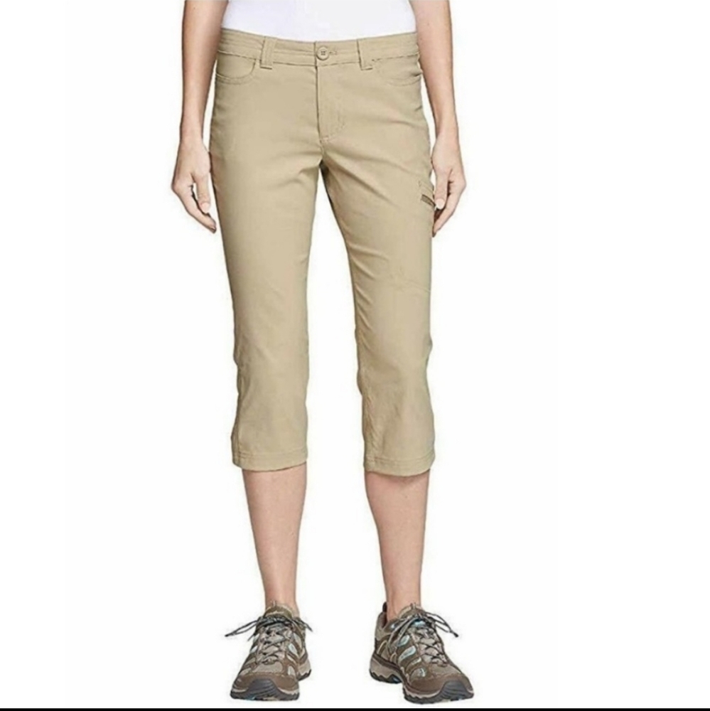 Eddie Bauer Women's Tan Khaki Ruched Leg Cropped Nylon Hiking Athletic Pants sz6